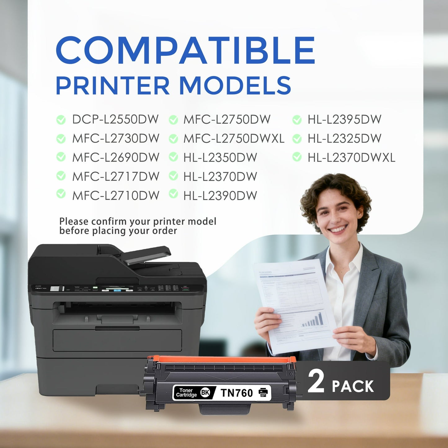 TN760 TN 760 Toner Cartridge Black 2-Pack Compatible for Brother TN760 TN 760 TN-760 TN730 TN 730 Toner for MFC-L2710DW MFC-L2750DW HL-L2370DW HL-L2395DW DCP-L2550DW Printer