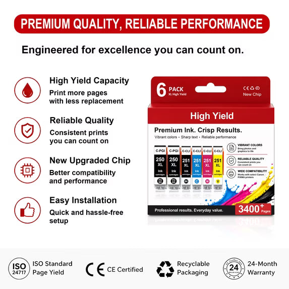 PGI-250XL CLI-251XL Ink Cartridge Compatibles for Canon 250XL 251XL Works with PIXMA MG7520 MG6620 iP8720 Printers(6 Packs)