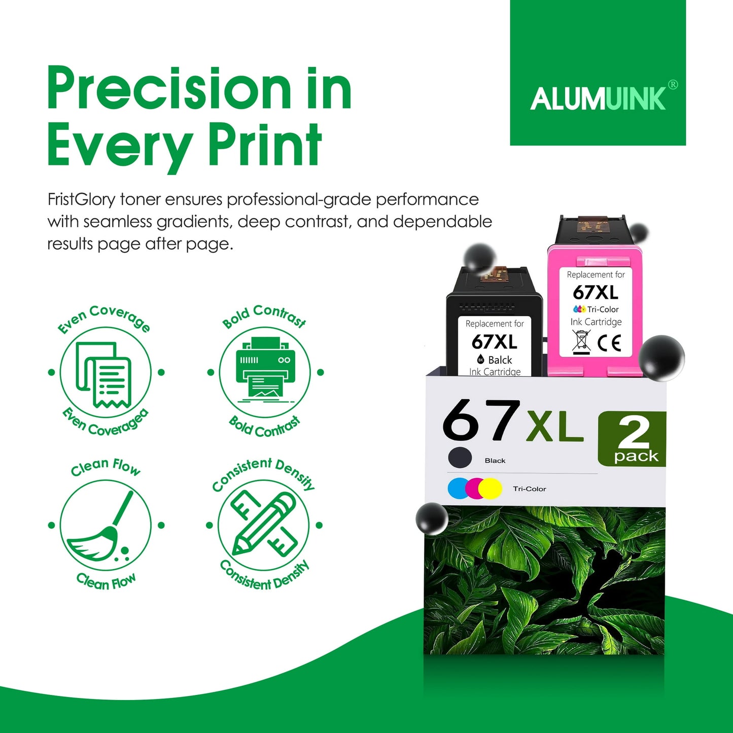 67XL Ink Cartridge 2-Pack Black/Tri-Color Compatible for HP67 Ink Cartridges for DeskJet 2700 2700e 2855e 2755 2755e 4155e 4255e Envy 6000 6400 6055e Printer