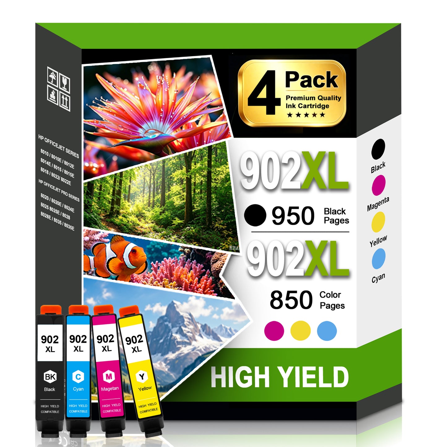 902XL Ink Cartridges Combo Pack Compatible for 902 xl 902 Ink Cartridges Works with OfficeJet Pro 6968 6970 6962 6958 Printers (4-Pack)