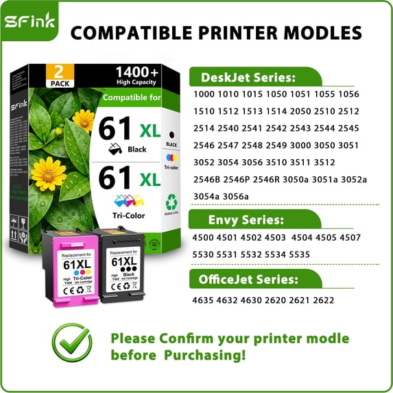 61XL Ink Combo Pack 2-Pack Black/Tri-color Compatible for HP61 Ink Cartridges for Deskjet 1000 1010 2540 Envy 4500 4501 4502 Officejet 4630 4635 Printer