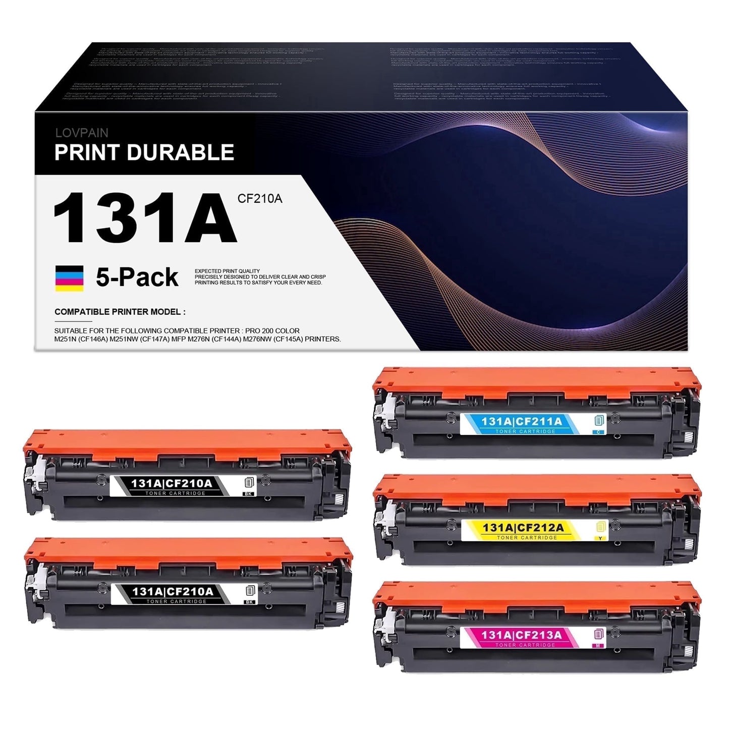 131A | CF210A CF211A CF212A CF213A Toner Cartridge Compatible for 131A Printer Toner Cartridges Pro Color M251nw M276nw M251n Printers 5 Pack ( 2 Black+1 Cyan+1 Magenta+1 Yellow)