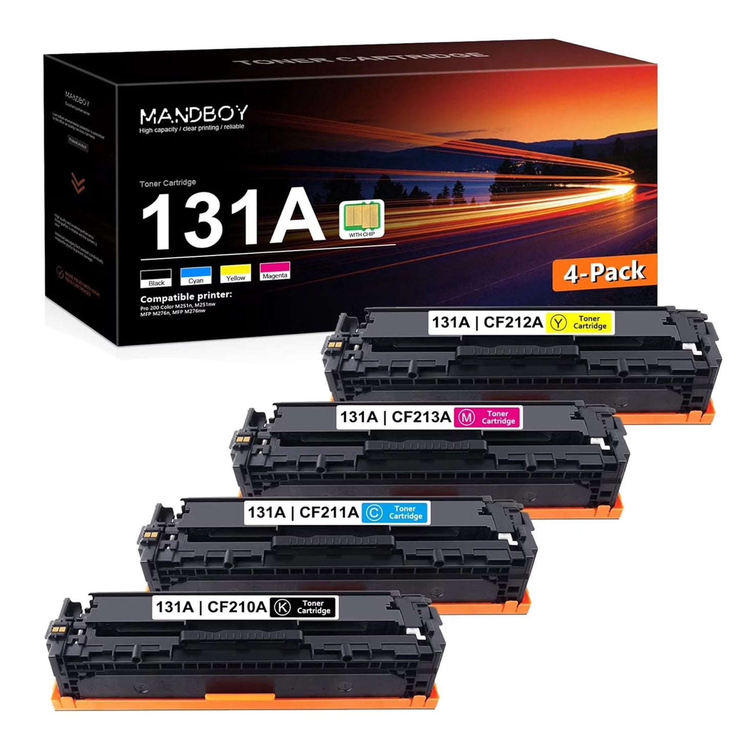 131A CF210A CF211A CF213A CF212A 4-Color Set Toner Cartridge (With Chip) | Compatible for 131A M276n M276nw Printer | 1BK+1C+1M+1Y
