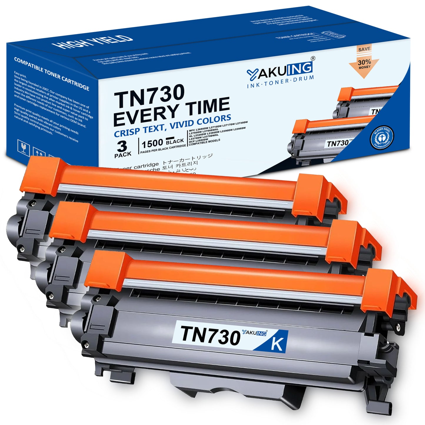 TN 730 TN-730 Toner Cartridge Compatible for Brother TN730 High Yield Black Works with HL-L2390DW DCP-L2550DW MFC-L2730DW ( 3 Black )