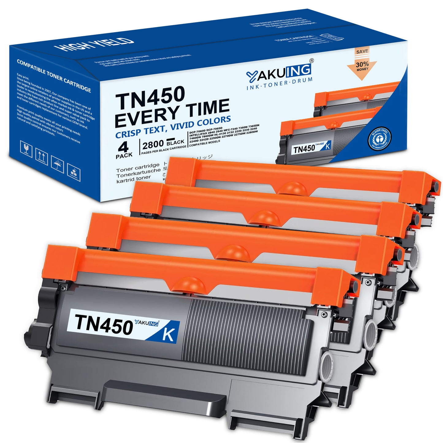 TN 450 TN-450 Toner Cartridge Compatible for Brother TN 450 High Yield Black Works with DCP-7065D Intellifax-2890 HL-2240D 2242D [ 4-Black, 2800 Pages Per Cartridge ]