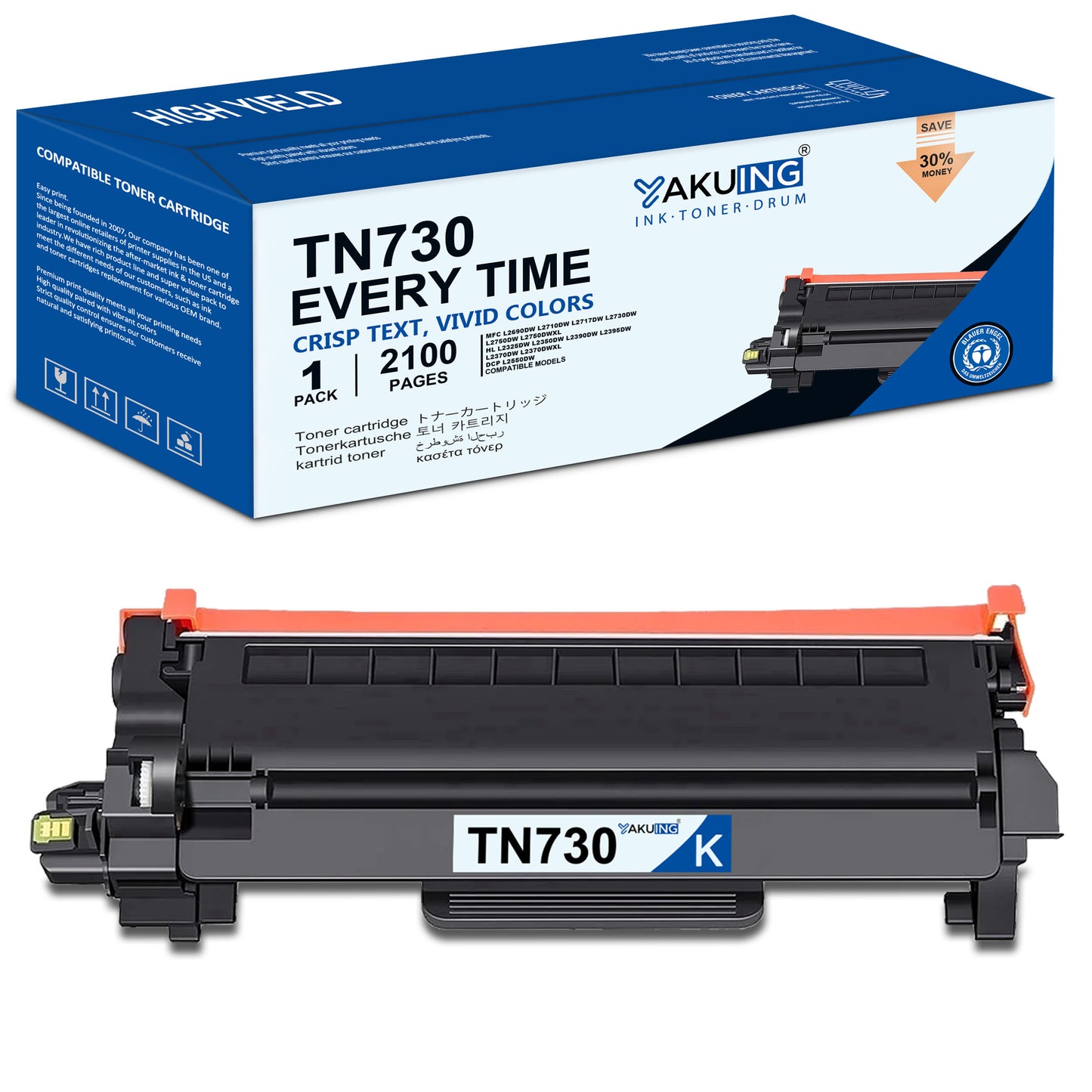 TN730 TN 730 Toner Cartridge Compatible for Brother TN730 High Yield Black Works with DCP-L2550DW HL-L2350DW MFC-L2710DW [ 1-Pack, 2100 Pages Per Cartridge ]