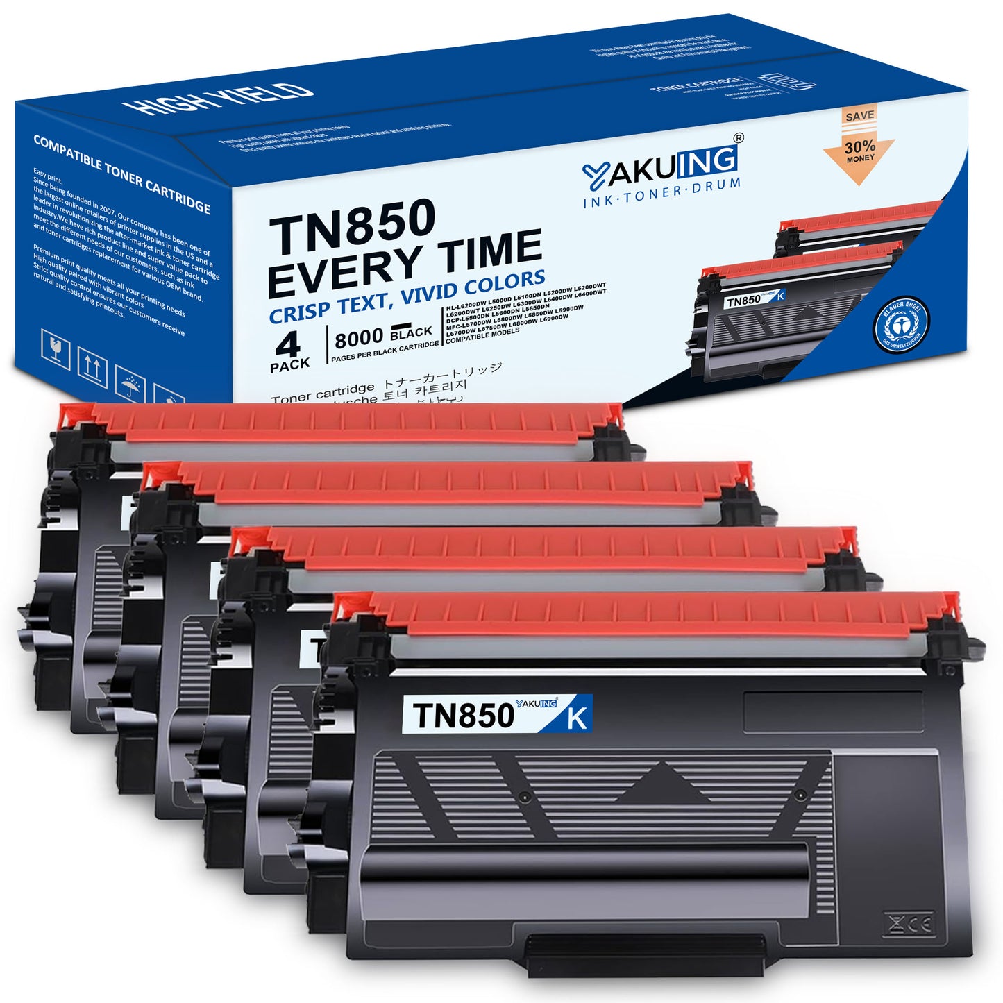 TN 850 TN850 Toner Cartridge Compatible for Brother TN850 High Yield Black Works with DCP-L5600DN L5650DN HL-L5200DWT MFC-L6800DW ( 4 Black, 8000 Pages Per Cartridge )