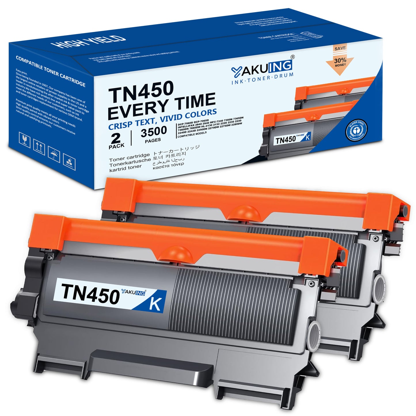 TN450 TN-450 Toner Cartridge Compatible for Brother TN-450 High Yield Black Works with DCP-7065D 7060D Intellifax-2890 2840 HL- 2275DW 2280DW [ 2-Pack ]