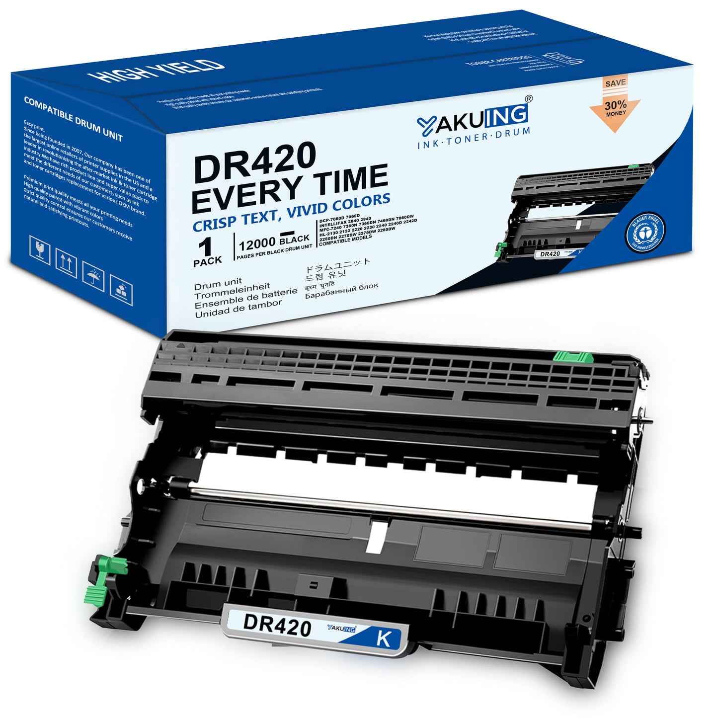 DR420 DR 420 Drum Unit Compatible for Brother DR420 High Yield Black Works with DCP-7060D Intellifax-2840 HL-2130 2132 [ 1-Pack, 12000 Pages Per drum unit ]