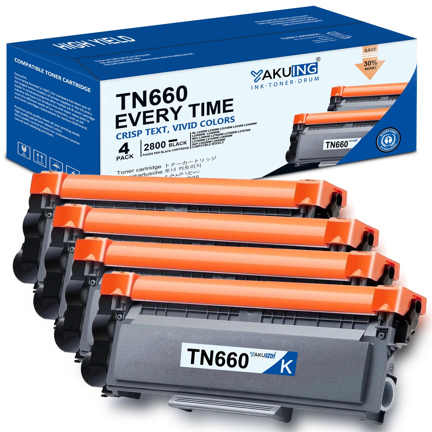 TN-660 TN660 Toner Cartridge Compatible for Brother TN660 High Yield Black Works with HL-L2360DW DCP-L2540DW MFC-L2700DW L2707DW ( 4 Black, 2800 Pages Per Cartridge )