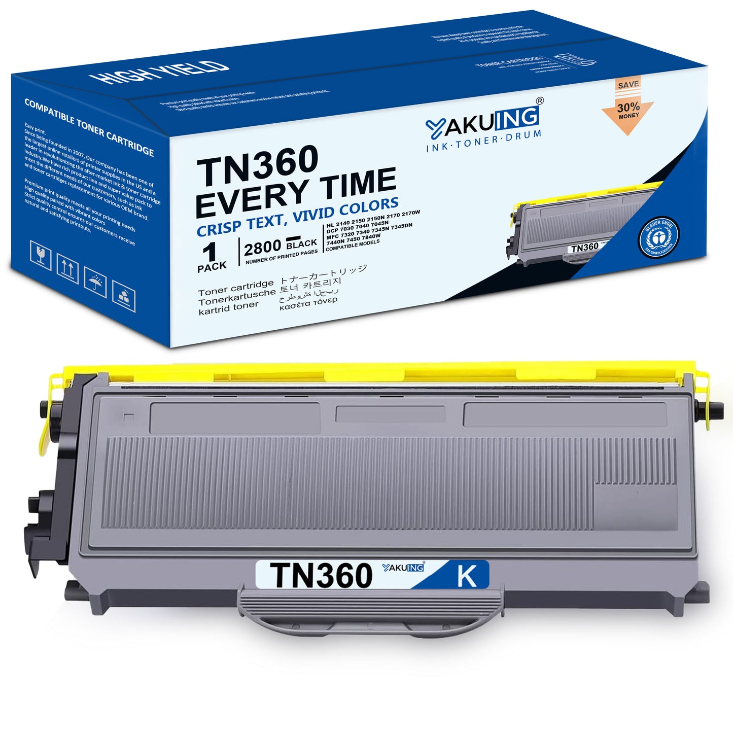 TN360 TN 360 Toner Cartridge Compatible for Brother TN360 High Yield Black Works with HL-2140 DCP-7030 MFC-7320 7340 [1-Pack, 2800 Pages Per Cartridge]