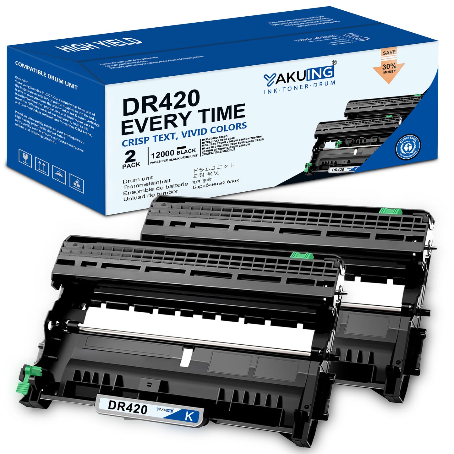 DR 420 DR-420 Drum Unit Compatible for Brother DR 420 High Yield Black Works with DCP-7065D Intellifax-2890 HL-2240D 2242D [ 2 Black ]