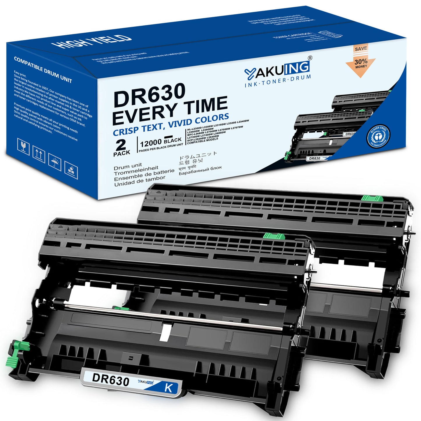 DR 630 DR-630 Drum Unit Compatible for Brother DR 630 High Yield Black Works with DCP-L2540DW MFC-L2700DW L2705DW HL-L2315DW L2320D [ 2 Black ]