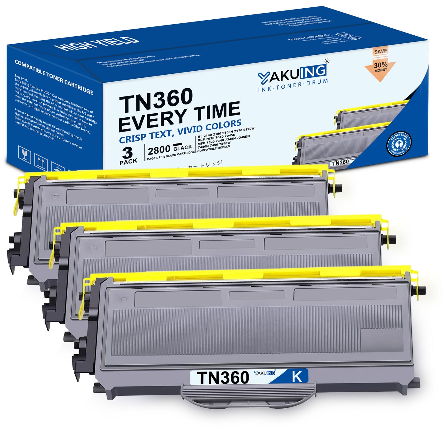 TN360 TN 360 Toner Cartridge Compatible for Brother TN360 High Yield Black Works with HL-2170W DCP-7045N MFC-7450 [3 Black, 2800 Pages Per Cartridge]