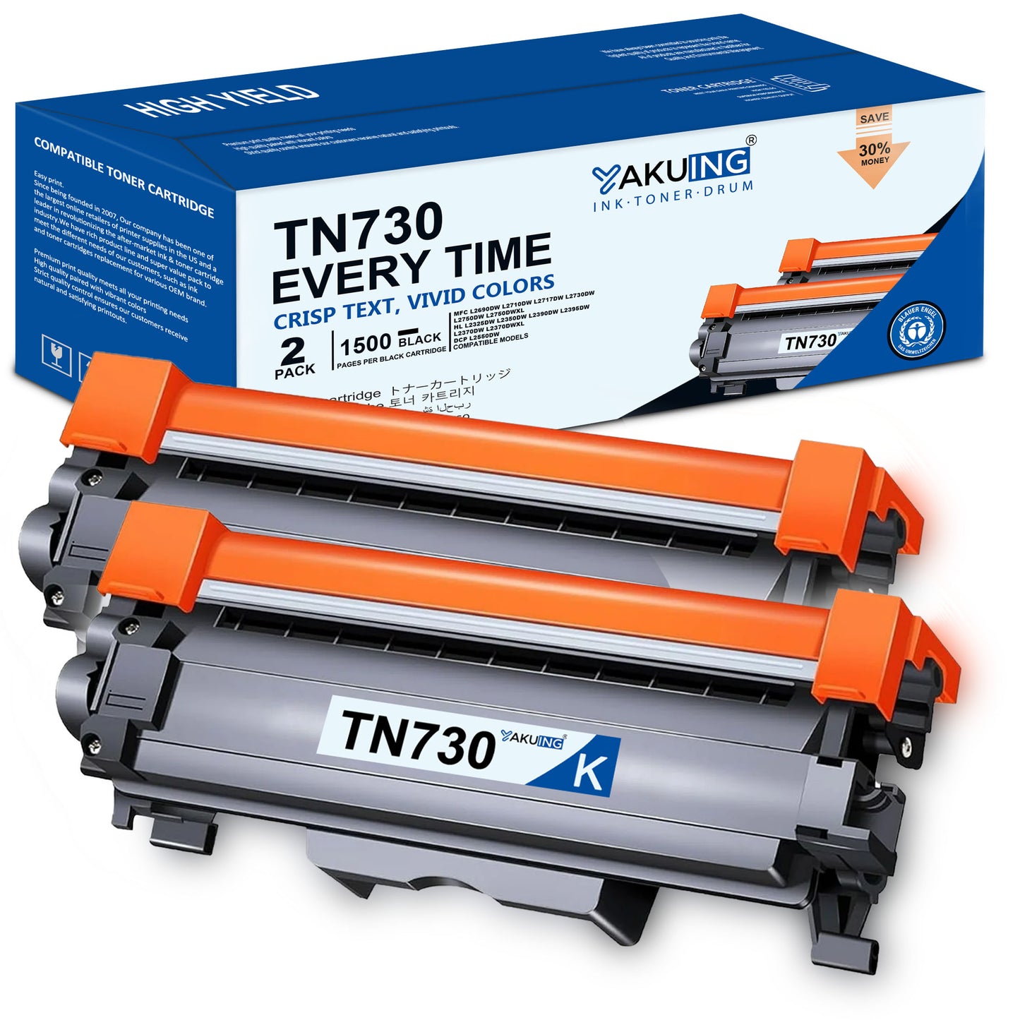TN-730 TN730 Toner Cartridge Compatible for Brother TN730 High Yield Black Works with HL-L2370DW/DWXL DCP-L2550DW MFC-L2690DW ( 2-Pack )