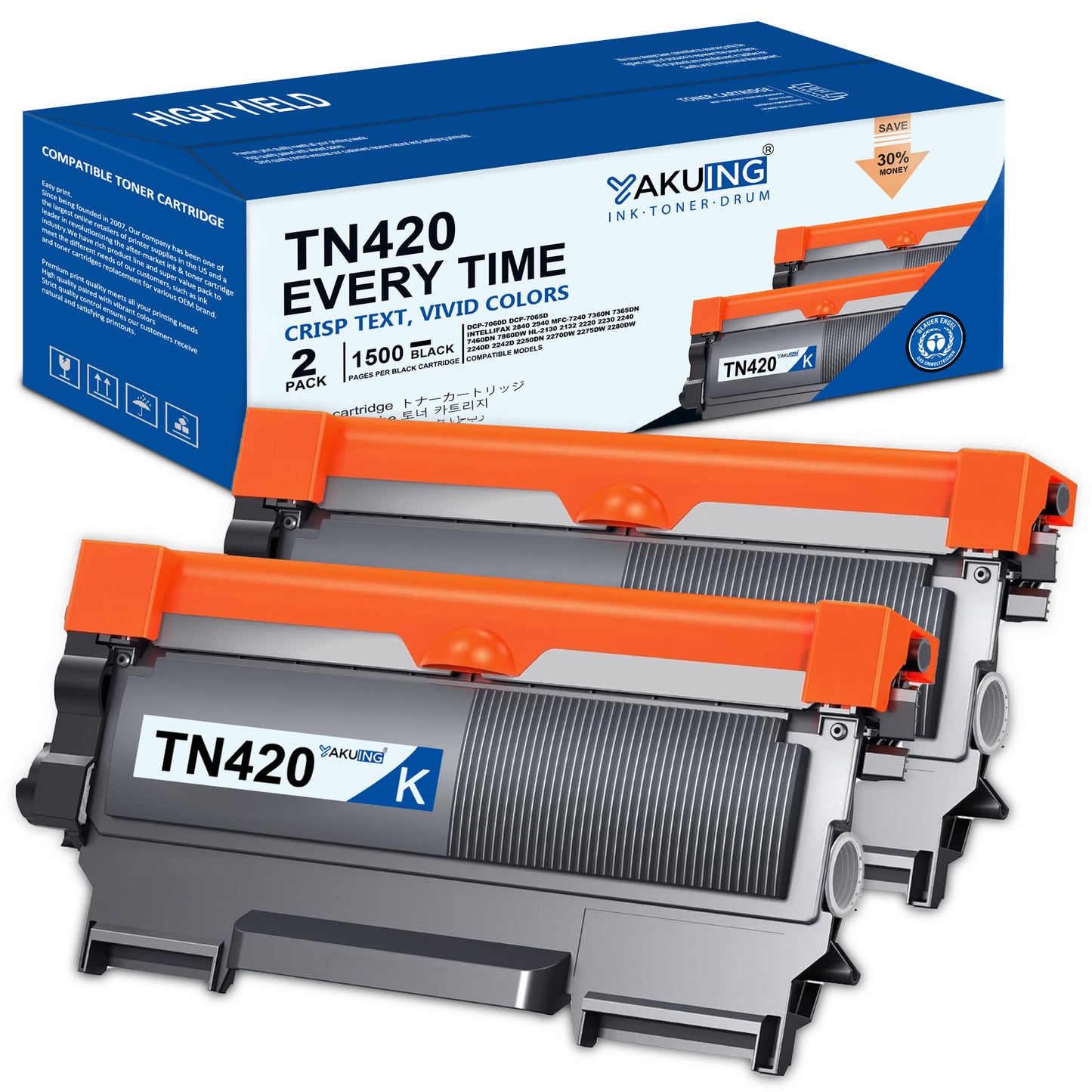 TN420 TN-420 Toner Cartridge Compatible for Brother TN-420 High Yield Black Works with DCP-7065D Intellifax-2890 HL-2240D 2242D [ 2-Pack ]