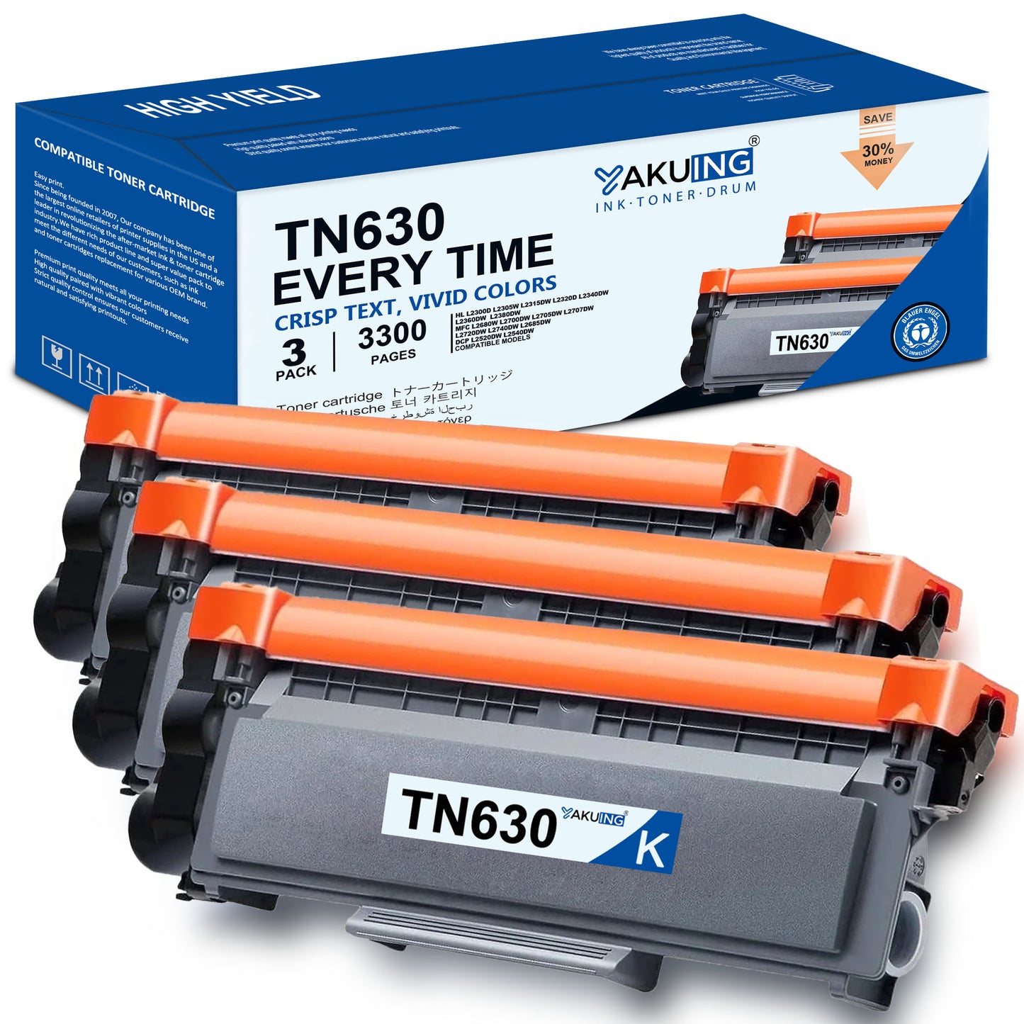 TN 630 TN630 Toner Cartridge Compatible for Brother TN630 High Yield Black Works with HL-L2360DW DCP-L2520DW L2540DW MFC-L2705DW L2707DW ( 3 Pack )