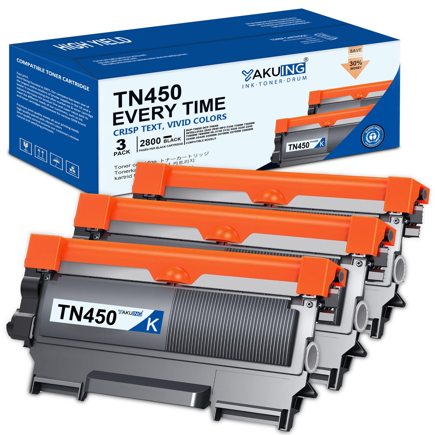 TN-450 TN 450 Toner Cartridge Compatible for Brother TN450 High Yield Black Works with DCP-7060D Intellifax-2840 HL-2130 2132 [ 3 Black ]