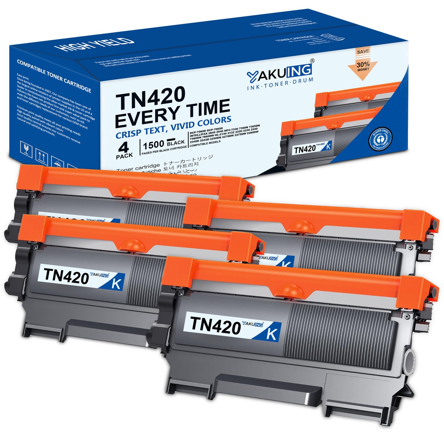 TN 420 TN-420 Toner Cartridge Compatible for Brother TN 420 High Yield Black Works with DCP-7065D 7060D Intellifax-2890 2840 HL- 2275DW 2280DW [ 4-Black, 1500 Pages Per Cartridge ]