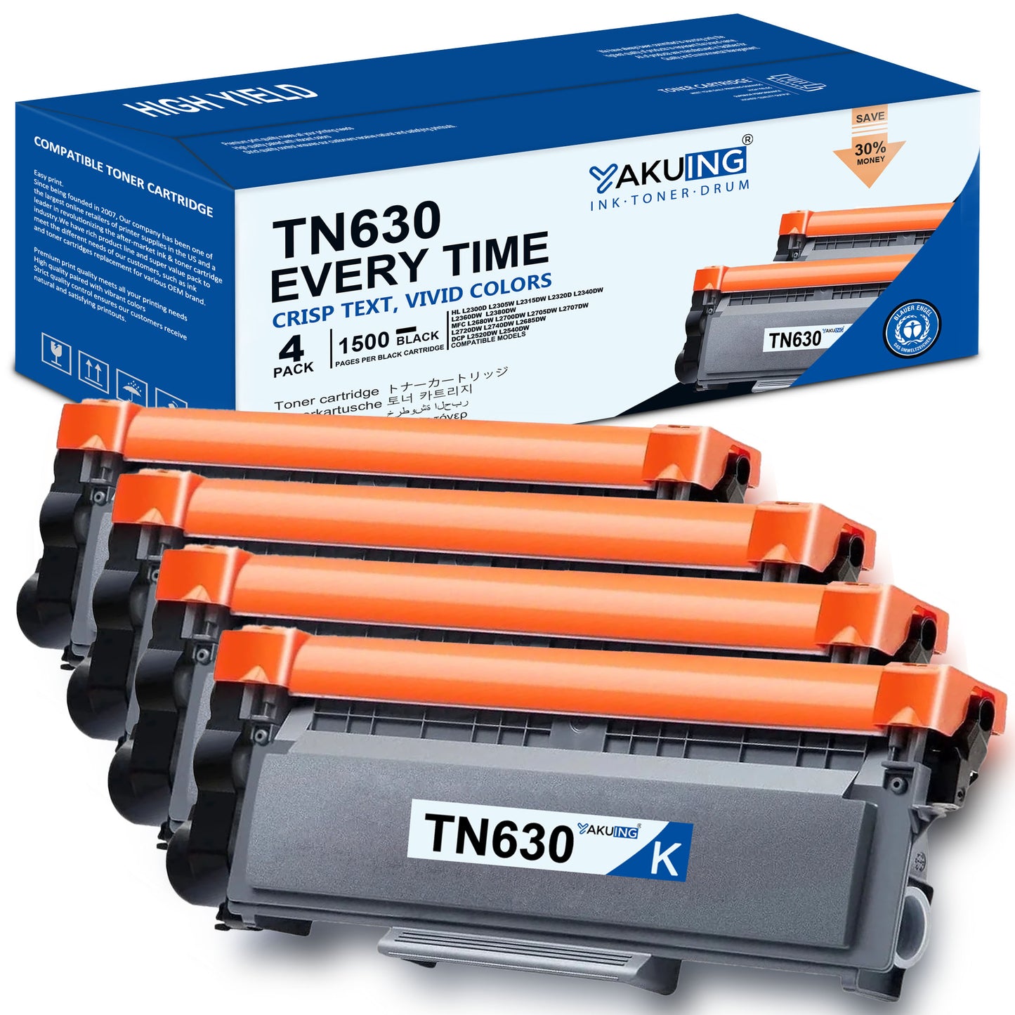 TN-630 TN630 Toner Cartridge Compatible for Brother TN630 High Yield Black Works with HL-L2360DW L2380DW DCP-L2540DW MFC-L2685DW L2707DW ( 4 Black )