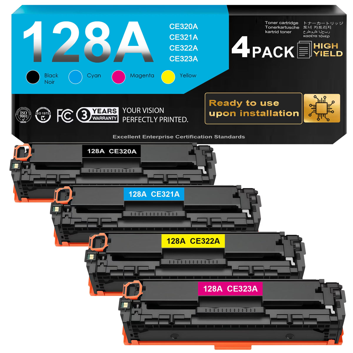 128A Toner Cartridges (With Chip) Compatible for 128A CE320A CE321A CE322A CE323A for Laser Jet Pro Color MFP CM1415fn CM1415fnw CP1525nw CP1525n Series Pritner Ink (4 Pack)