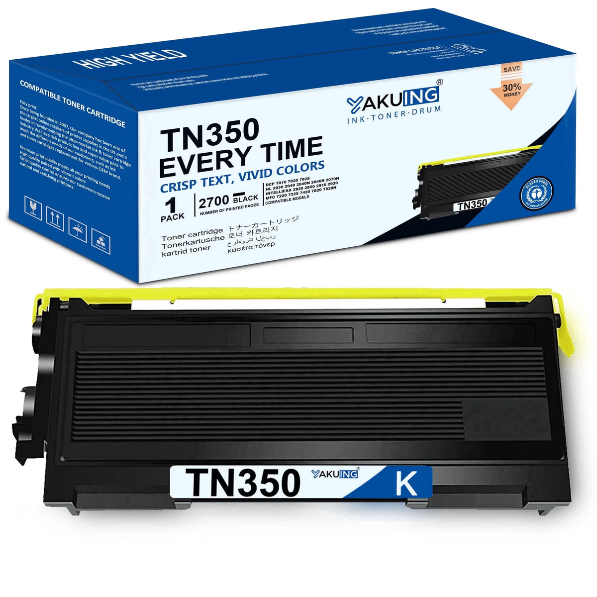 TN350 TN 350 Toner Cartridge Compatible for Brother TN350 High Yield Black Works with HL-2030 DCP-7010 MFC-7220 Intellifax-2820 [1-Pack, 2700 Pages Per Cartridge]