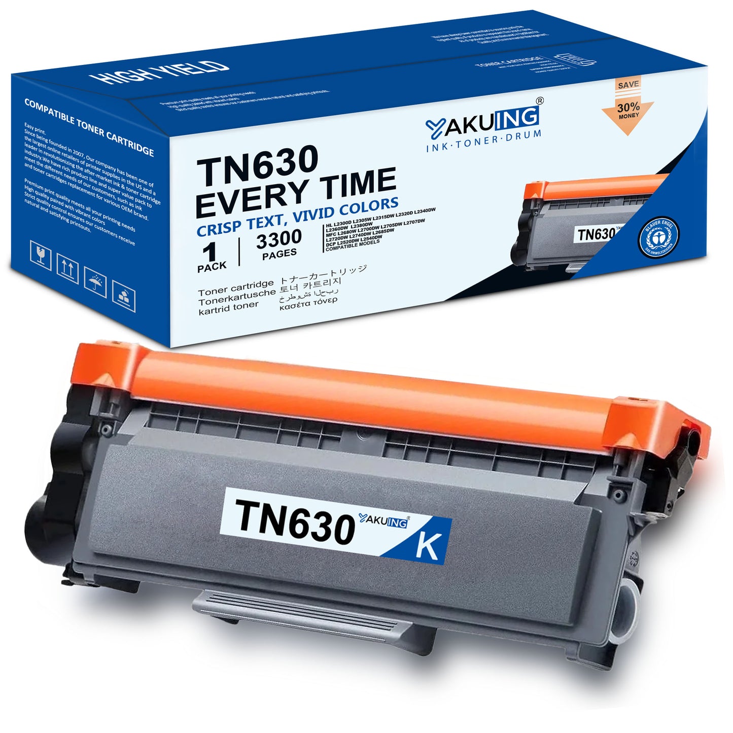 TN-630 TN 630 Toner Cartridge Compatible for Brother TN630 High Yield Black Works with HL-L2300D DCP-L2520DW MFC-L2680W ( 1-Pack, 3300 Pages Per Cartridge )