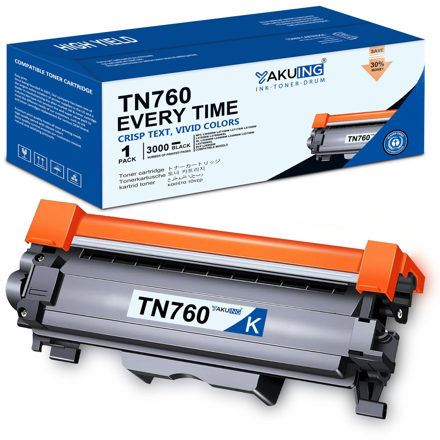 TN760 TN 760 Toner Cartridge Compatible for Brother TN760 High Yield Black Works with DCP-L2550DW HL-L2390DW MFC- L2730DW [ 1-Pack, 3000 Pages Per Cartridge ]