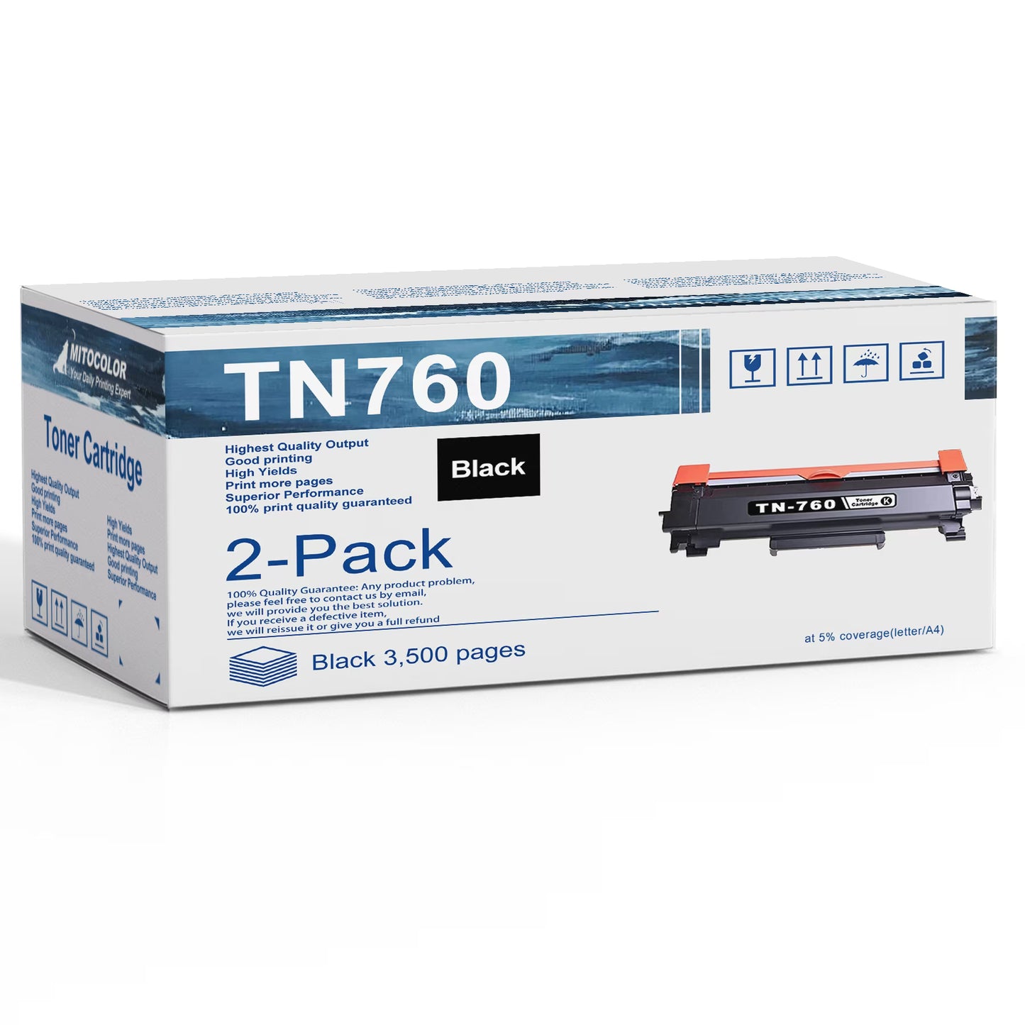 2 Pack TN760 Black Toner Cartridge: Compatible for Brother TN-760 High Yield for HL-L2350DW Printer Ink
