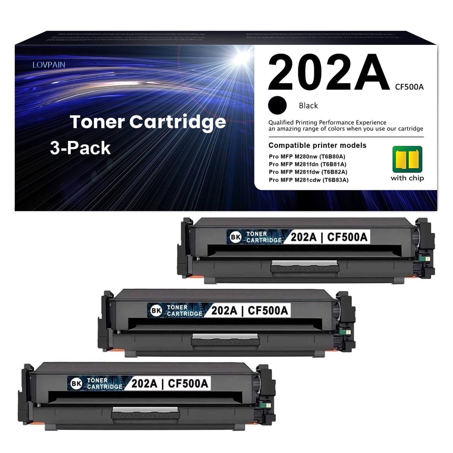 3-Pack Black High Yield 202A | CF500A Toner Cartridge Compatible for Color Pro MFP M280nw M281fdn M254dn Printer