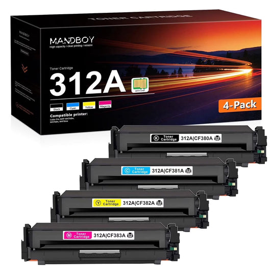 312A | CF380A, CF381A, CF382A, CF383A Toner Cartridge, Compatible for 312A 312X Toner Cartridges Works with Color Pro MFP M476dw, Color Pro MFP M476dn (4-Pack, with Chip)