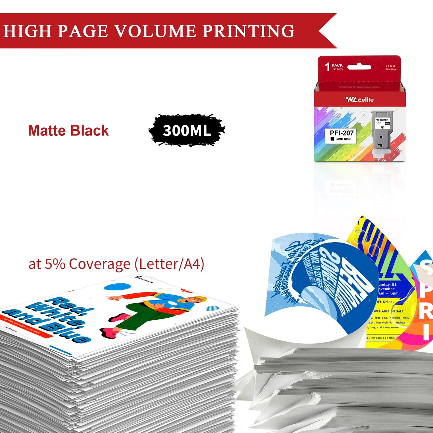 PFI-207 Ink Tank Replacement for Canon PFI-207 MBK 300ML Ink Cartridge for iPF680 iPF685 Printer