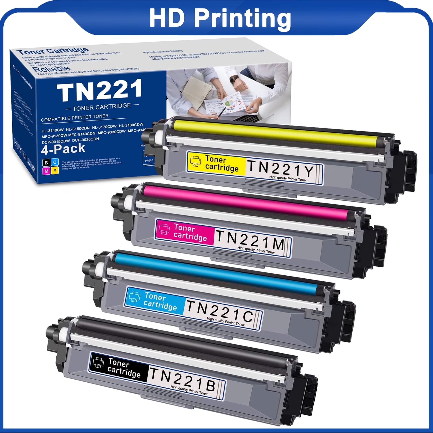 ALUMUINK 4-Pack TN221 High Yield Toner Cartridge Replacement for Brother, Black Cyan Magenta Yellow