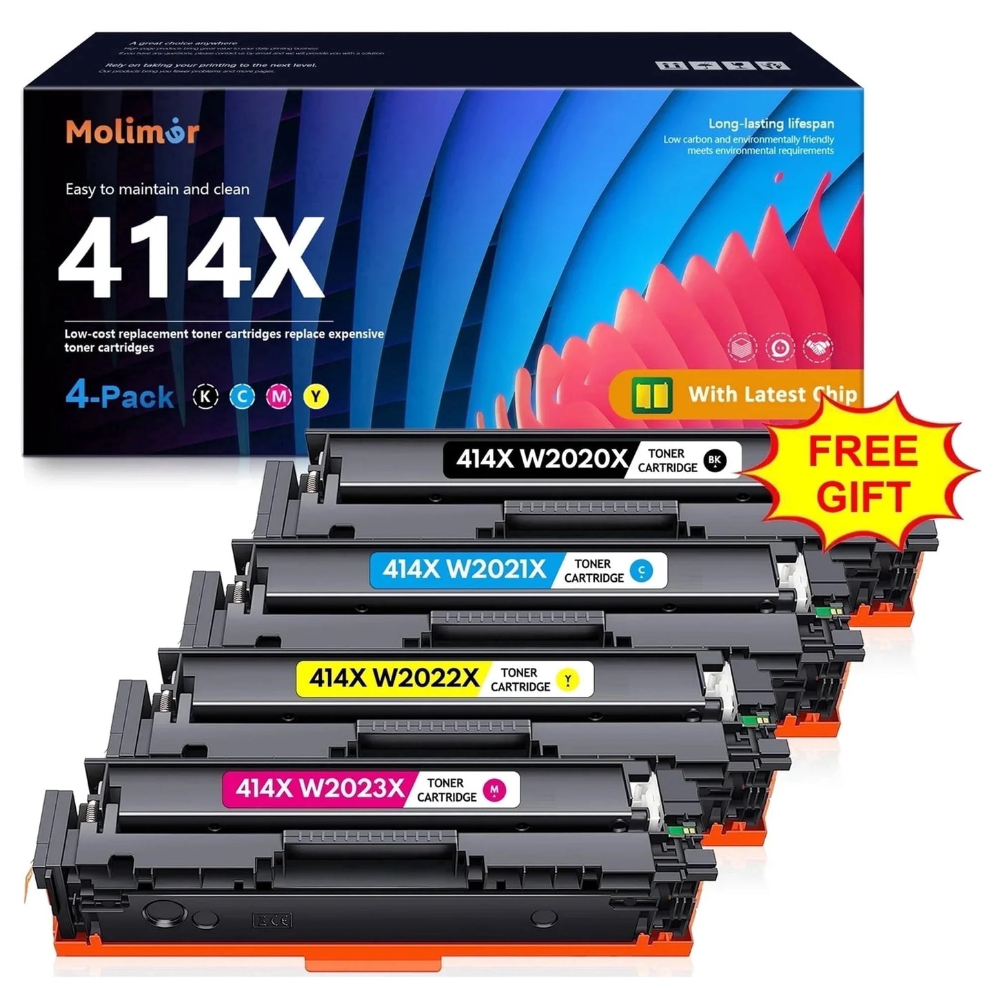 414X | W2020X Black Cyan Yellow Magenta Toner Cartridge 4 Pack With Chip Compatible for Pro M455dn M454dw M479fdw Printer