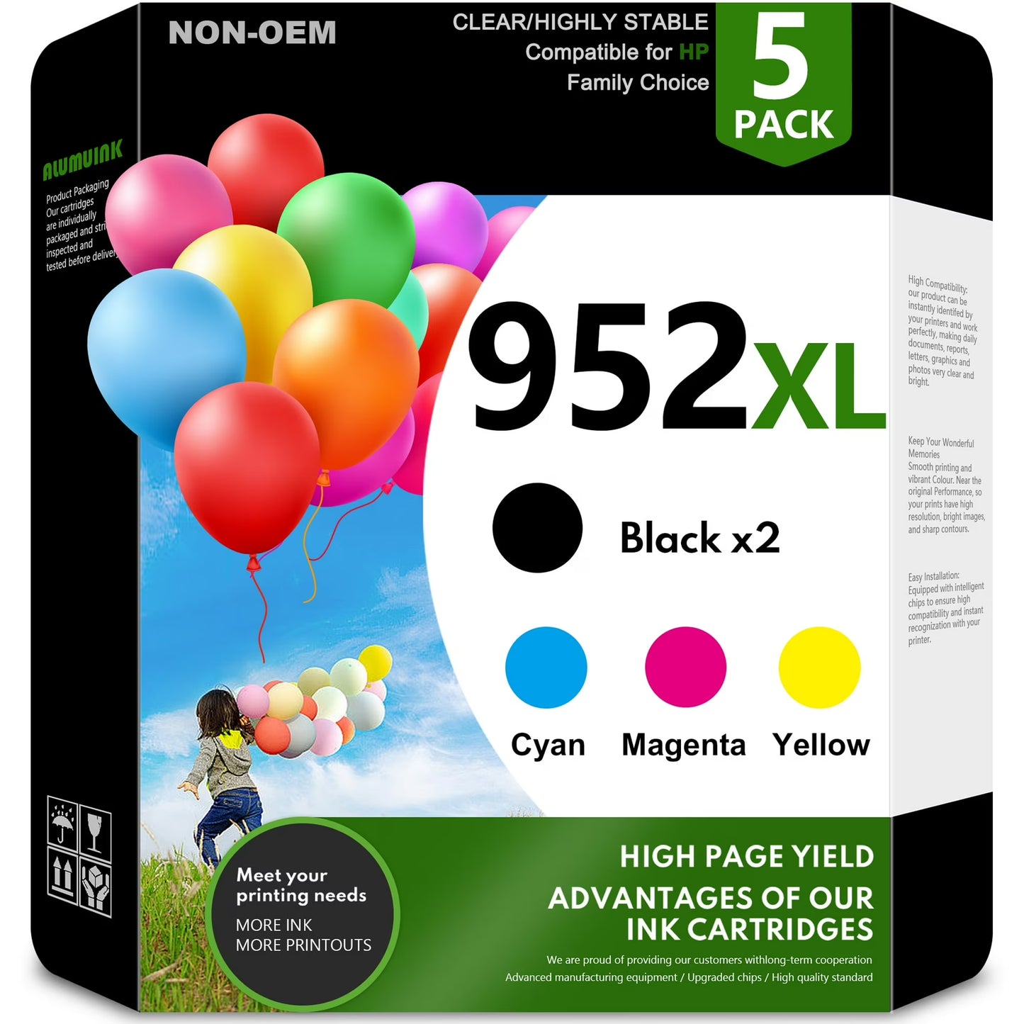 5-Pack 952 XL Ink Cartridge Compatible for HP 952 Ink Black*2 Cyan*1 Magenta*1 Yellow*1 High Yield