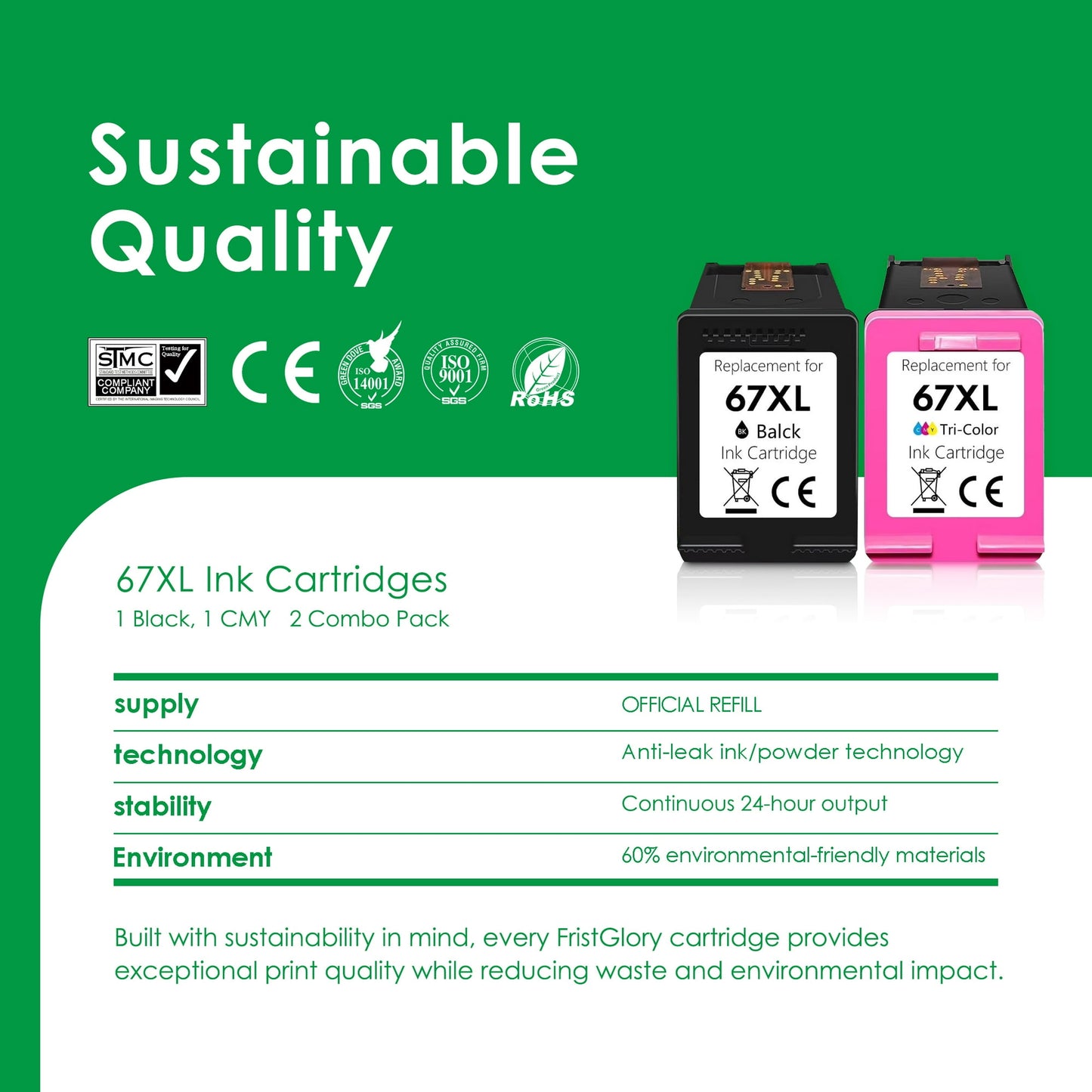 67 XL 67XL Ink Cartridges 2-Pack Black and Tri-Color Compatible for HP 67 Ink Cartridges for DeskJet 2700 2700e 2855e 2755 2755e 4155e 4255e Envy 6000 6400 6055e Printers