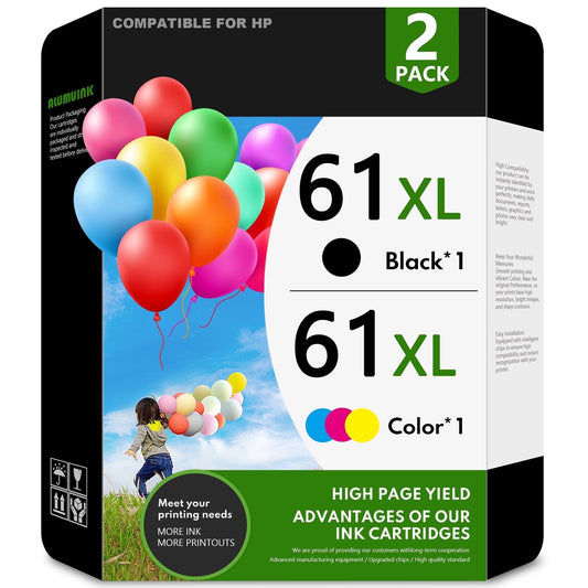 61XL 61 Ink Cartridges Compatible for Ink 61 61 XL Black Tri-Color (2 Pack)