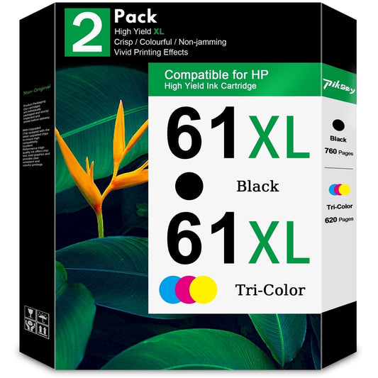 61 XL 61XL Ink Cartridges 2-Pack Black/Tri-color Compatible for HP 61 Ink Cartridges for DeskJet 1000 1510 2050 Officejet 2620 4630 Envy 4500 5530 Printers