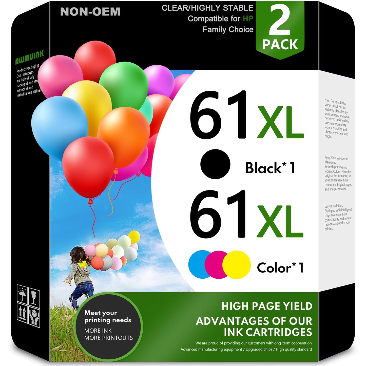 61XL Ink Cartridges Compatible for 61 Ink OfficeJet 2621 4632 ENVY 5530 61 XL Printer Ink 2-pack