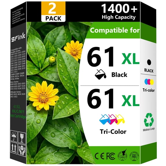 61XL Ink Combo Pack 2-Pack Black/Tri-color Compatible for HP61 Ink Cartridges for Deskjet 1000 1010 2540 Envy 4500 4501 4502 Officejet 4630 4635 Printer