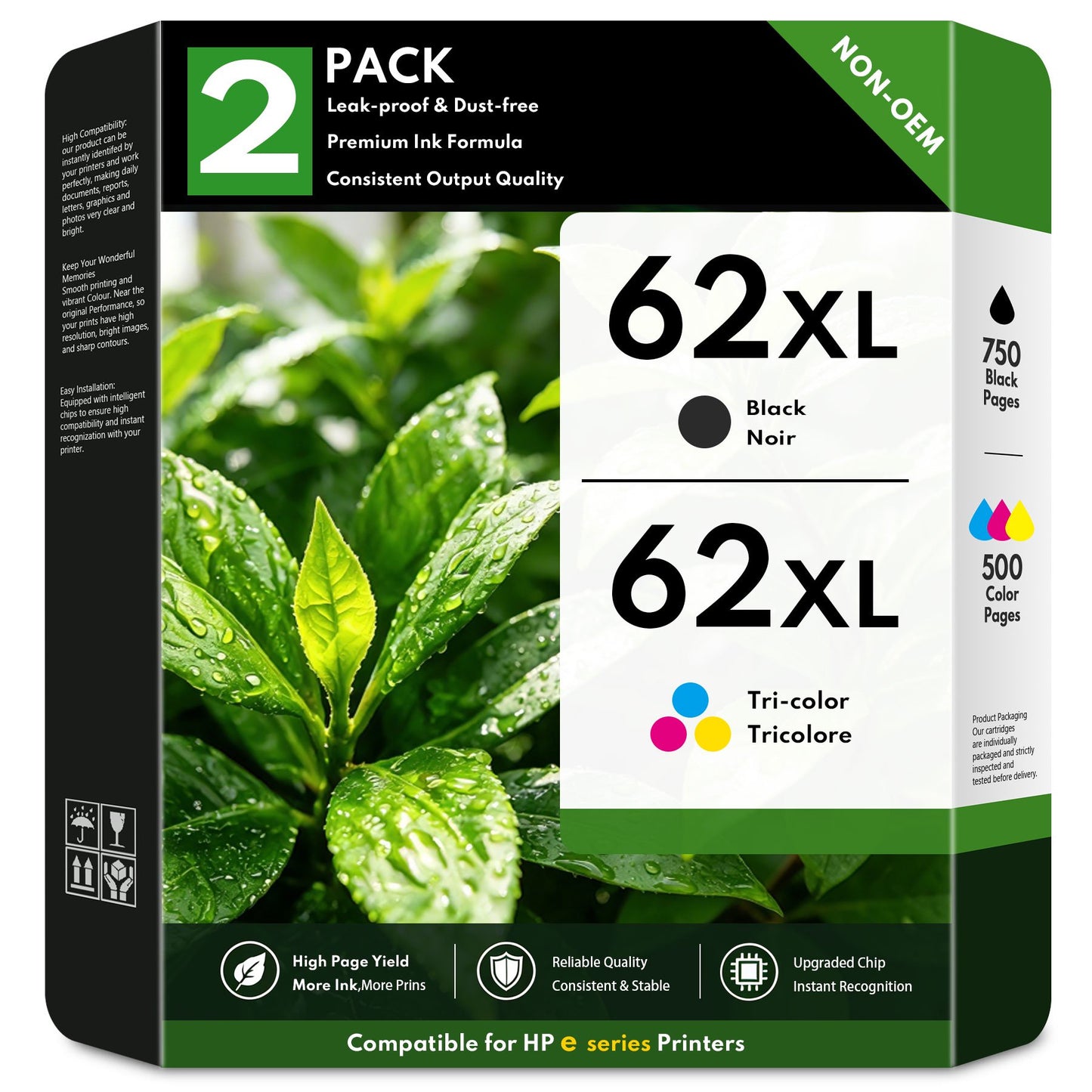 62XL Ink Cartridge Compatible for HP62 XL Ink Cartridges Ink 62 for Envy 7640 5660 Officejet 5745 Printer (2-Pack)