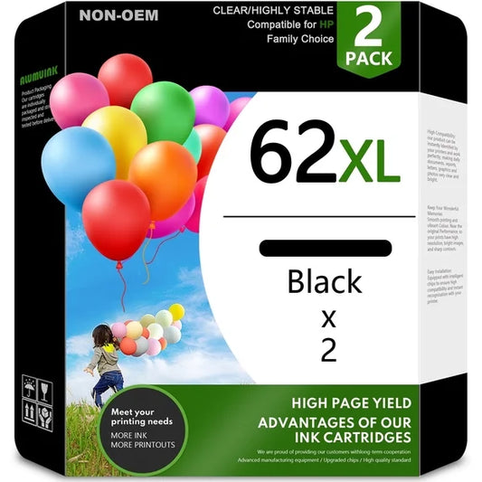 62XL Ink Cartridges 2 Pack Black Compatible for 62 Ink with Envy 7640 OfficeJet 200 Printer