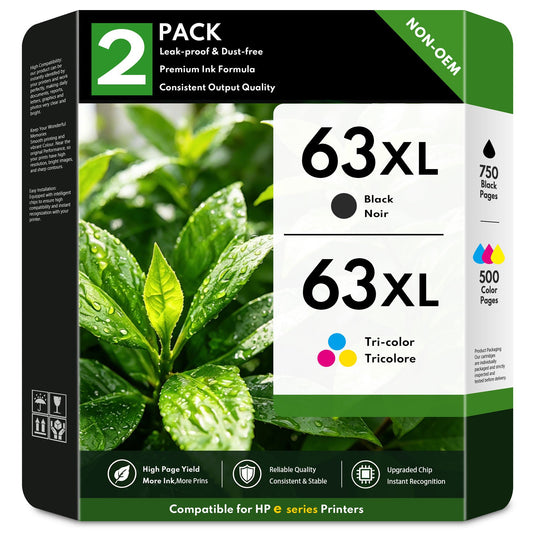 63 XL 63 Ink Cartridges Compatible for HP63XL Ink Cartridge Combo Pack for Deskjet 3630 1112 2130 ENVY 4520 4512 OfficeJet 3830 5255 Printer(2-Pack)