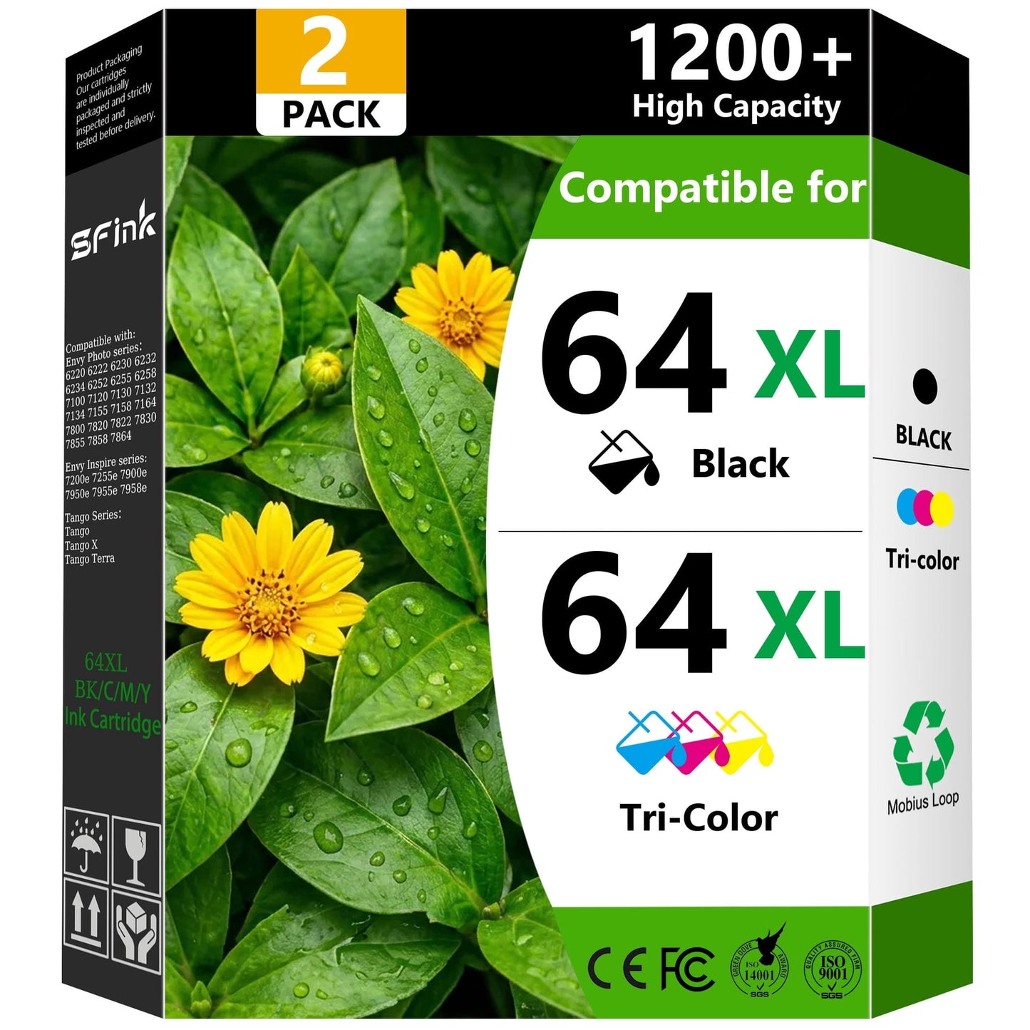 64 XL 64XL Ink Cartridges 2-Pack Black/Tri-Color Compatible for HP64 Ink Cartridges for Envy Photo 7855 7858 7900e Envy Inspire 7255e 7955e 7900e Tango Series Printers