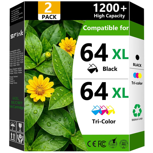 64 XL 64XL Ink Cartridges 2-Pack Black/Tri-Color Compatible for HP64 Ink Cartridges for Envy Photo 7855 7858 7900e Envy Inspire 7255e 7955e 7900e Tango Series Printers