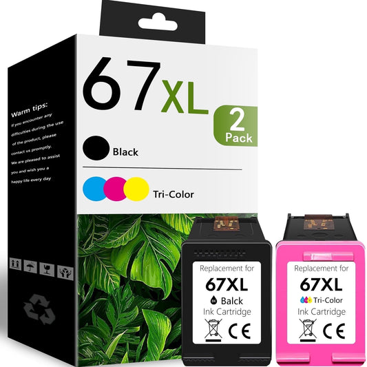 67XL Ink Cartridge 2-Pack Black/Tri-Color Compatible for HP67 Ink Cartridges for DeskJet 2700 2700e 2855e 2755 2755e 4155e 4255e Envy 6000 6400 6055e Printer