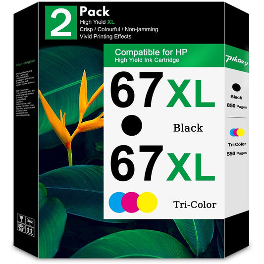 67XL Ink Cartridge Black/Tri-Color Compatible for HP 67 Ink Cartridges for DeskJet 2700 2755e 2800 2855e 4155e 4255e 2755 2852e Envy 6000 6055e 6455e Printer (2-Pack)
