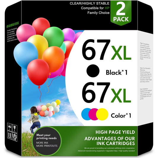 67XL 67 Ink Cartridge bundle Compatible for HP67XL Ink Cartridges for DeskJet 2742e 2752e 2755e Envy 6000 6055 6055e Printer (Black ,Tri-Color)