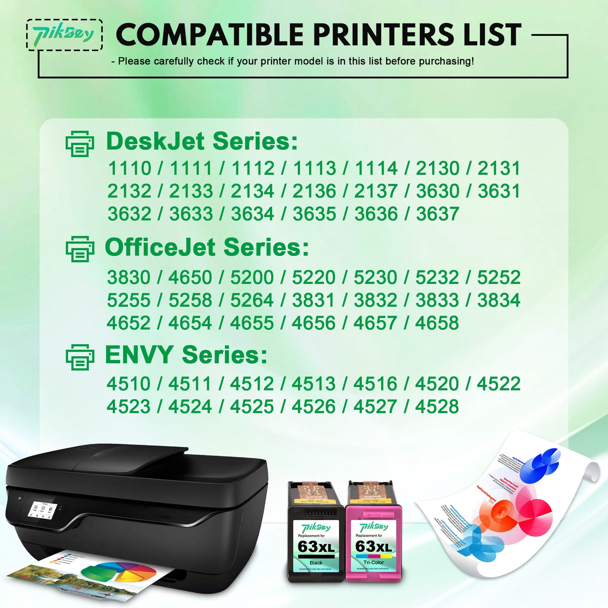 63 XL 63XL Ink Cartridges 2-Pack Black Tri-Color Compatible for HP 63 Ink Cartridges for Officejet 3830 4650 5255 5257 5258 Envy 4520 4512 Printers