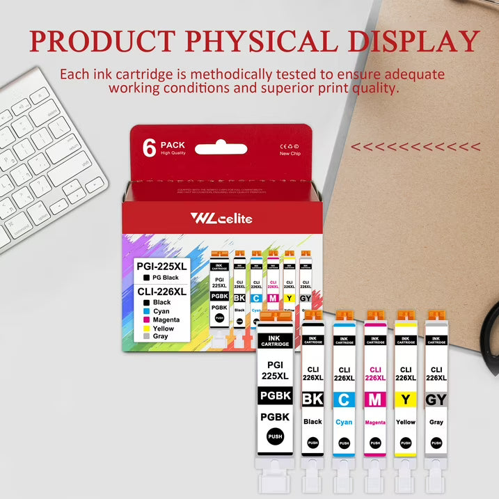 225 226 Ink Cartridges 6 Pack Compatible for Canon 225XL 226XL Ink Cartridge for iX6520 MG5120 Printer